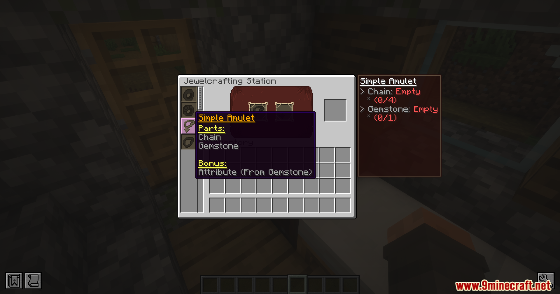 Iron's Gems 'n Jewelry Mod Screenshot 5 The Jewelcrafting Station interface showing the requirements for crafting a simple amulet