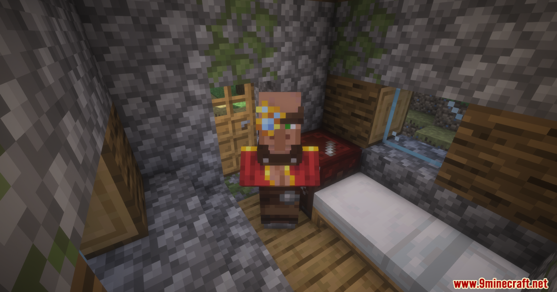 Iron's Gems 'n Jewelry Mod Screenshot 6 A Jeweler villager wearing a monocle stands near a Jewelcrafting Station block