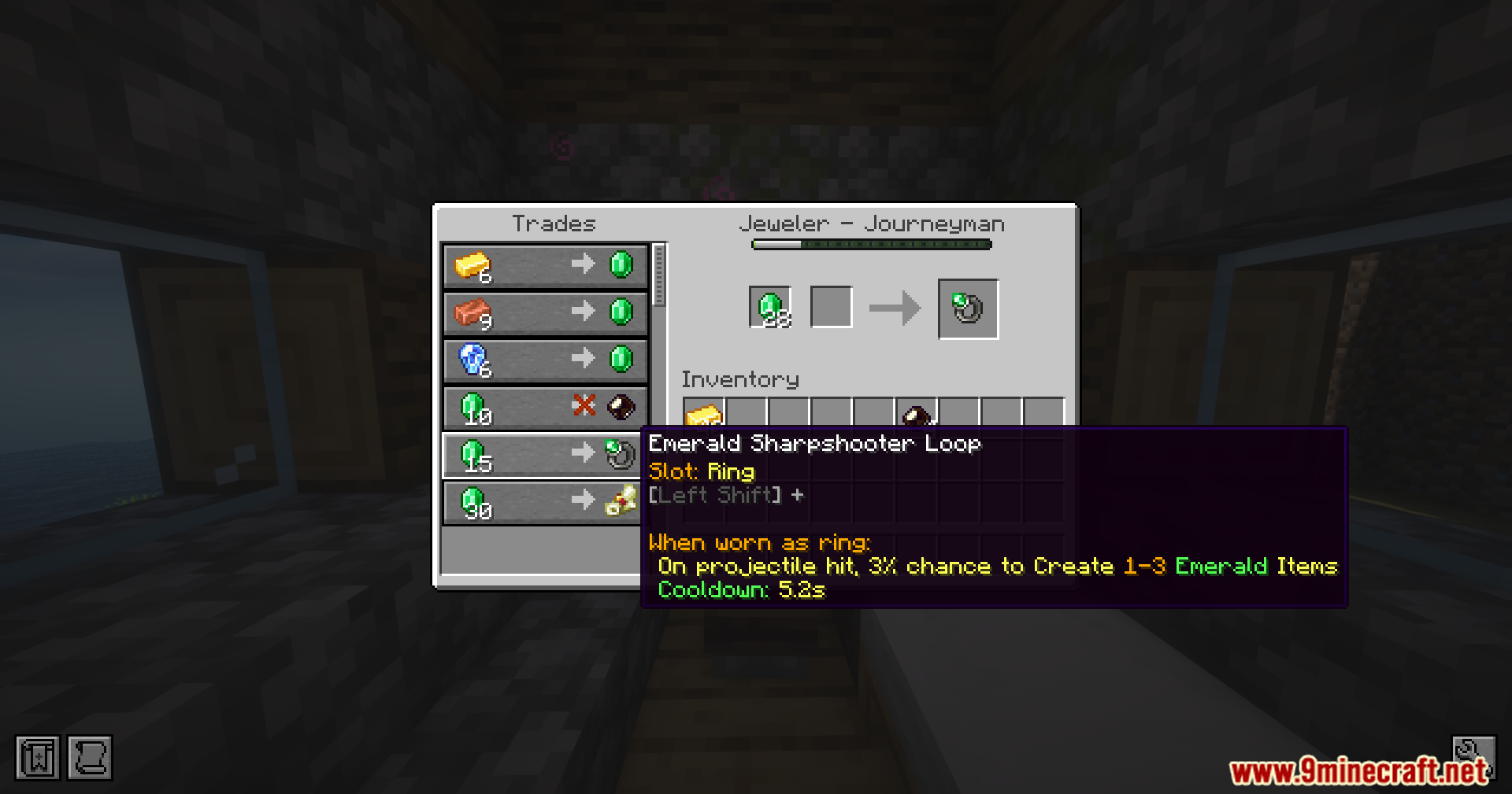 Iron's Gems 'n Jewelry Mod Screenshot 7 A player trades emeralds for an Emerald Sharpshooter Loop in Iron Gems and Jewelry