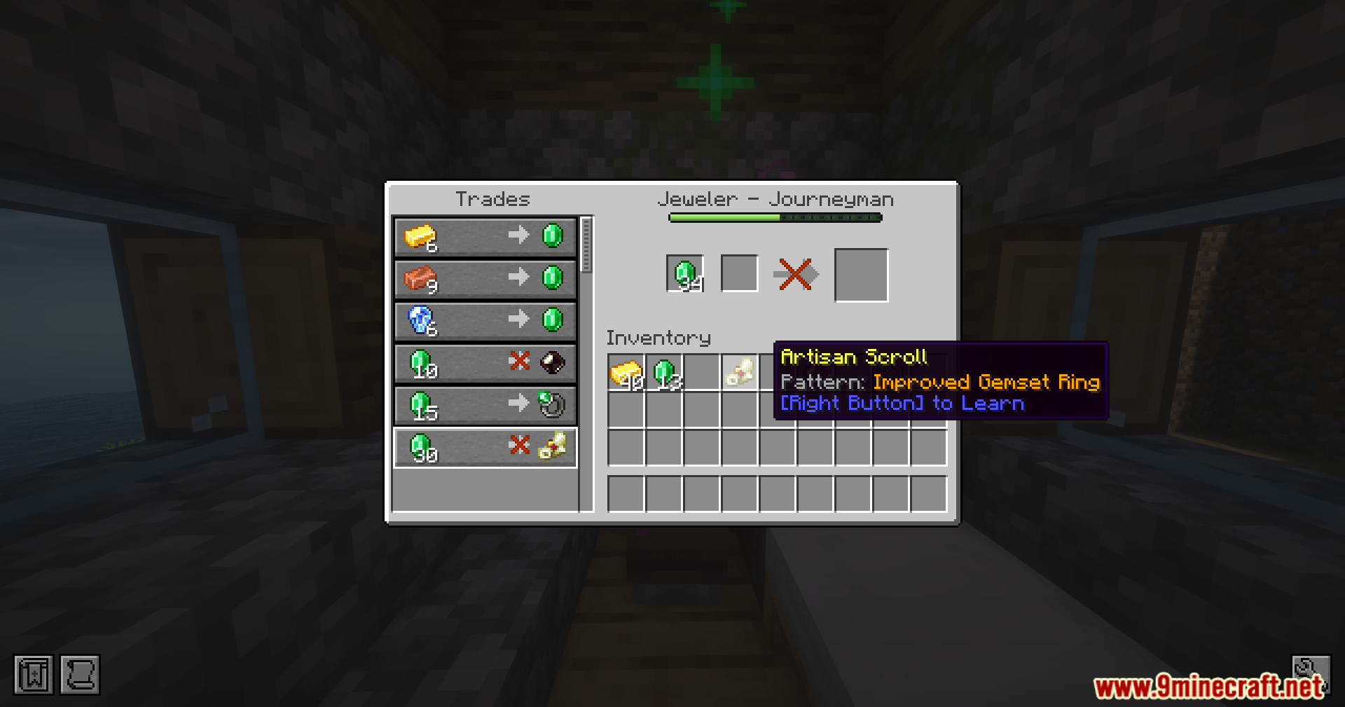 Iron's Gems 'n Jewelry Mod Screenshot 8 The Jeweler villager offers an Artisan Scroll to learn new jewelry patterns