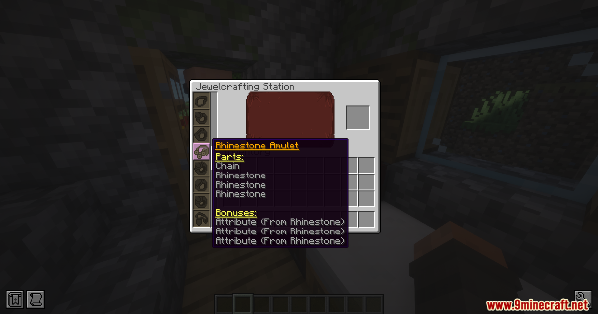 Iron's Gems 'n Jewelry Mod Screenshot 9 Jewelcrafting Station interface showing components and bonuses for a Rhinestone Amulet