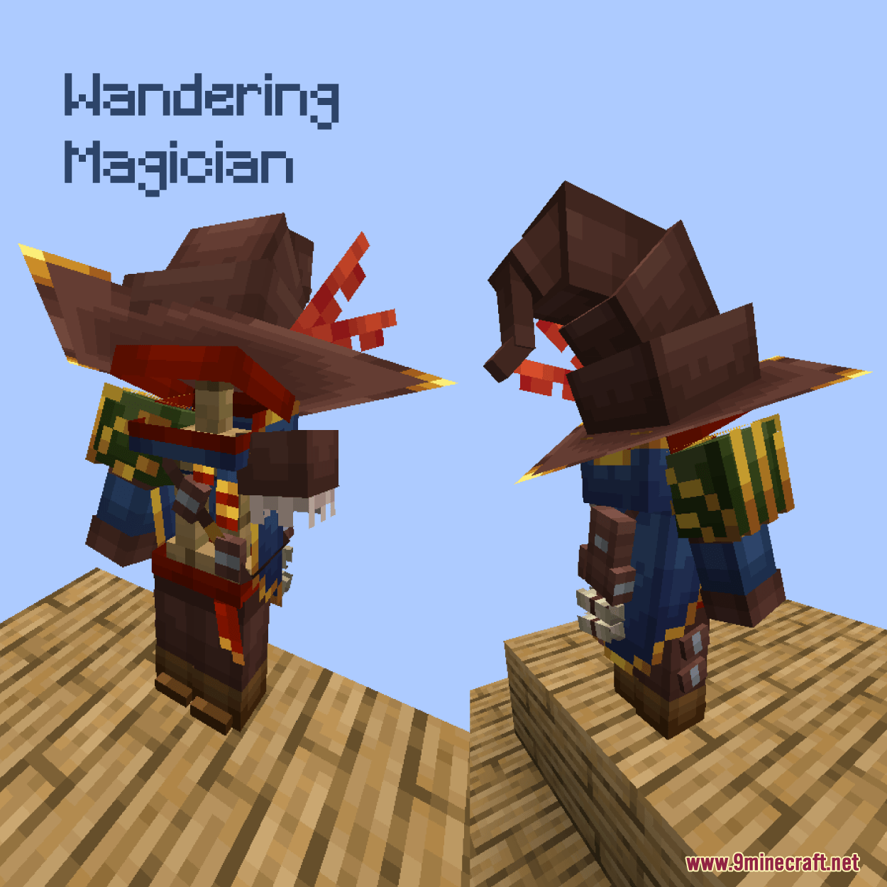 Iron's Spells 'n Spellbooks Armors Overhaul Resource Pack Screenshot 1 A Wandering Magician armor set with a large brown wizard hat
