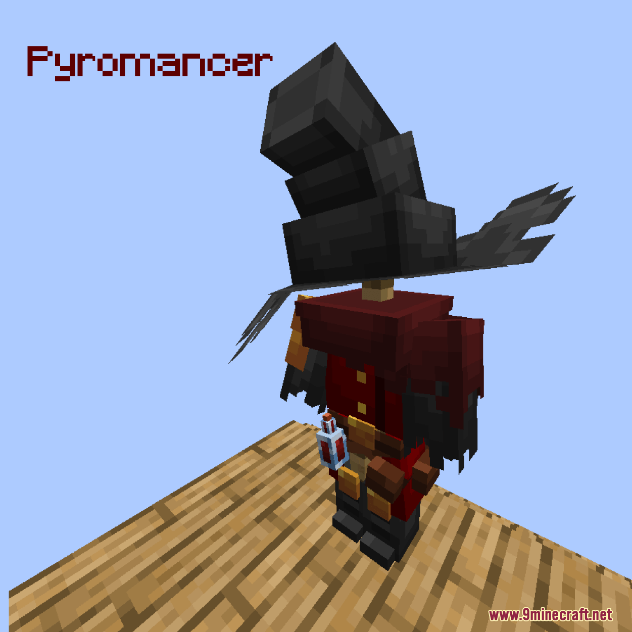 Iron's Spells 'n Spellbooks Armors Overhaul Resource Pack Screenshot 3 Minecraft character wearing a red pyromancer outfit and a tall black pointed hat