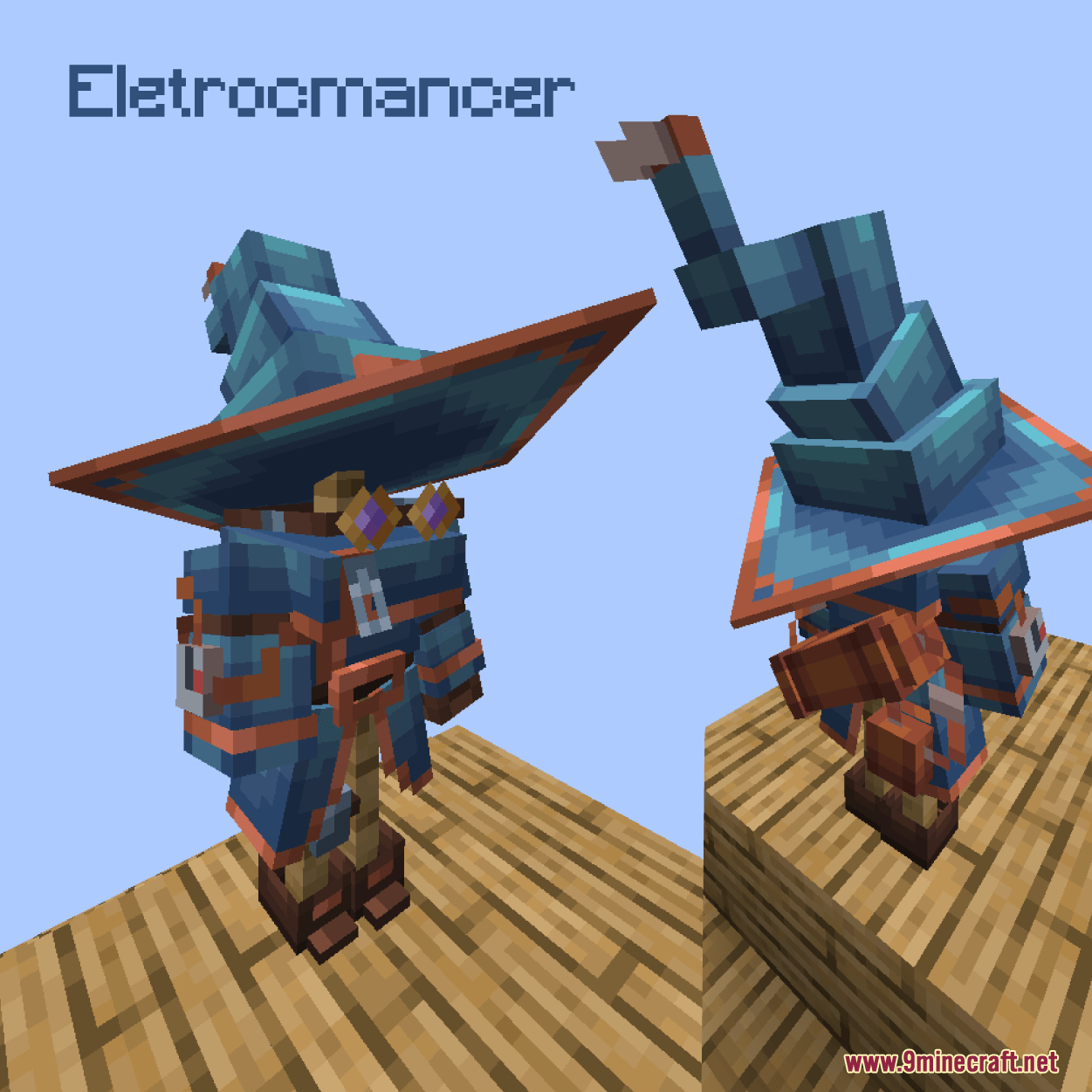 Iron's Spells 'n Spellbooks Armors Overhaul Resource Pack Screenshot 4 Minecraft character wearing a blue electromancer outfit and a large wide brimmed hat