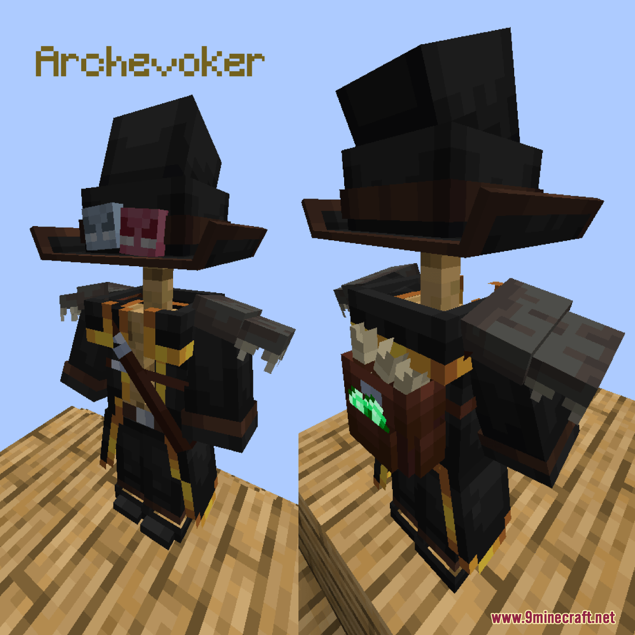 Iron's Spells 'n Spellbooks Armors Overhaul Resource Pack Screenshot 5 Archevoker armor set featuring a tall black hat and an emerald backpack