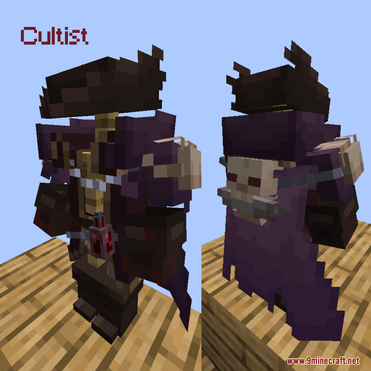 Iron's Spells 'n Spellbooks Armors Overhaul Resource Pack Screenshot 6 Dark purple Cultist armor set with a horned hat and skull cape