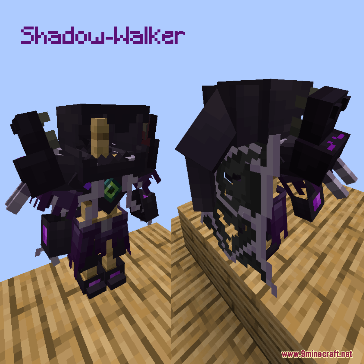 Iron's Spells 'n Spellbooks Armors Overhaul Resource Pack Screenshot 7 A Minecraft character wearing the dark and detailed Shadow Walker armor set