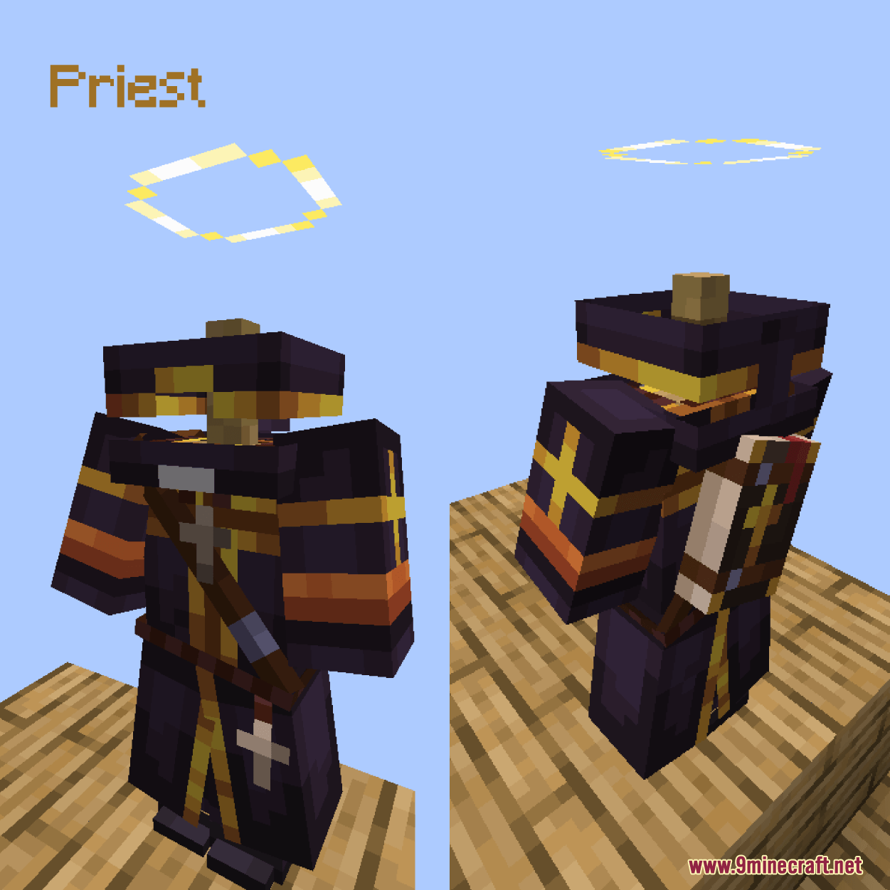 Iron's Spells 'n Spellbooks Armors Overhaul Resource Pack Screenshot 8 A Minecraft character wearing the Priest armor set with a glowing halo
