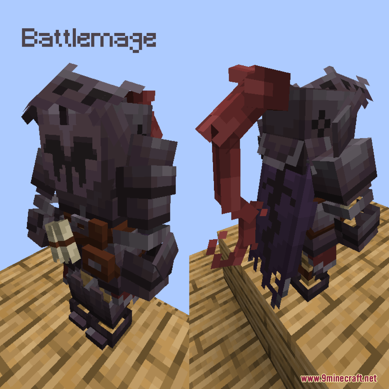 Iron's Spells 'n Spellbooks Armors Overhaul Resource Pack Screenshot 9 Minecraft character wearing heavy dark Battlemage armor with a red plume and cape