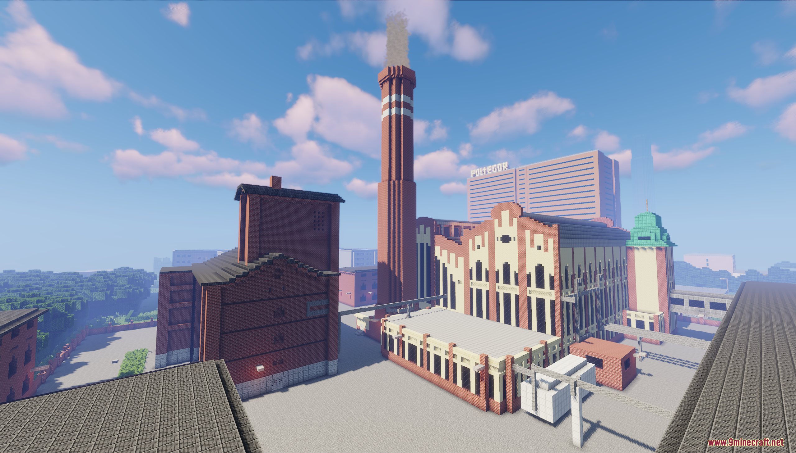 A large brick factory with a tall smoking chimney in Jaworowiec City