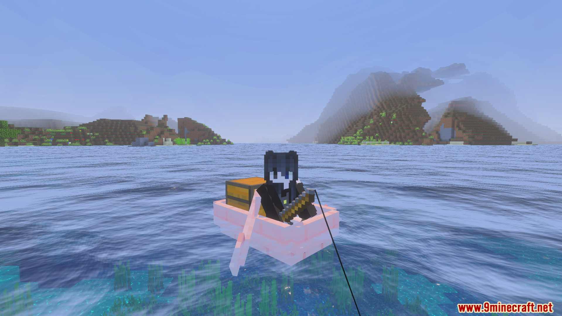 A player fishing from a cherry boat with Jeanmajids Better Water Texture Pack