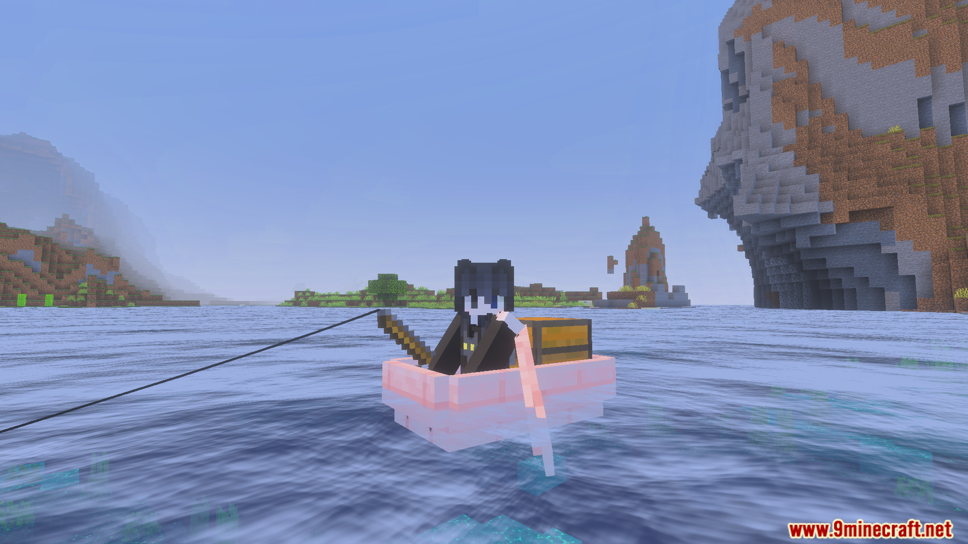 Character fishing in a pink boat on water with realistic waves and reflections