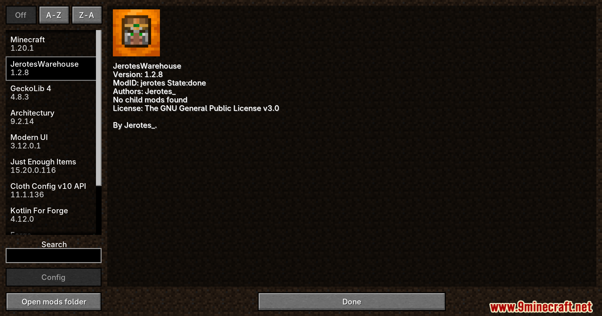 Jerotes Warehouse Mod Screenshot 1 Minecraft mod menu screen showing version and author details for Jerotes Warehouse