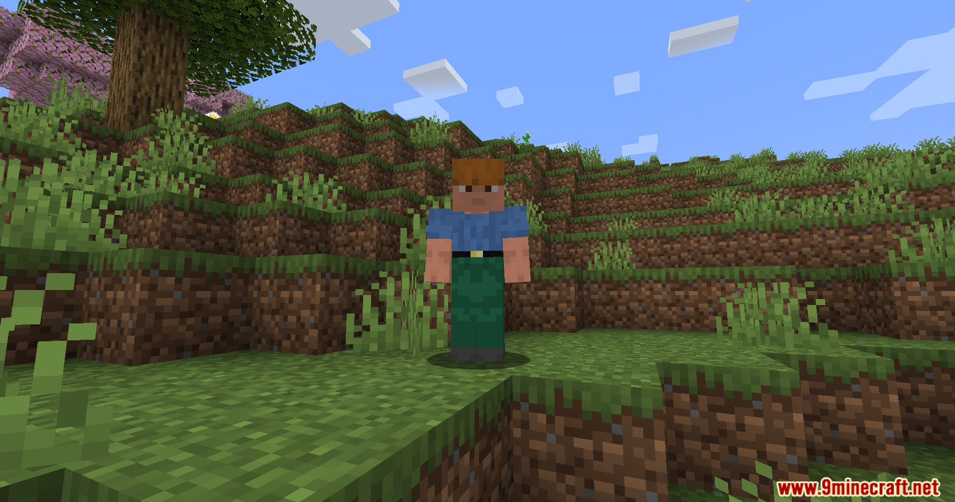 Jerotes Warehouse Mod Screenshot 10 A Minecraft character with orange hair and blue shirt facing forward in a field
