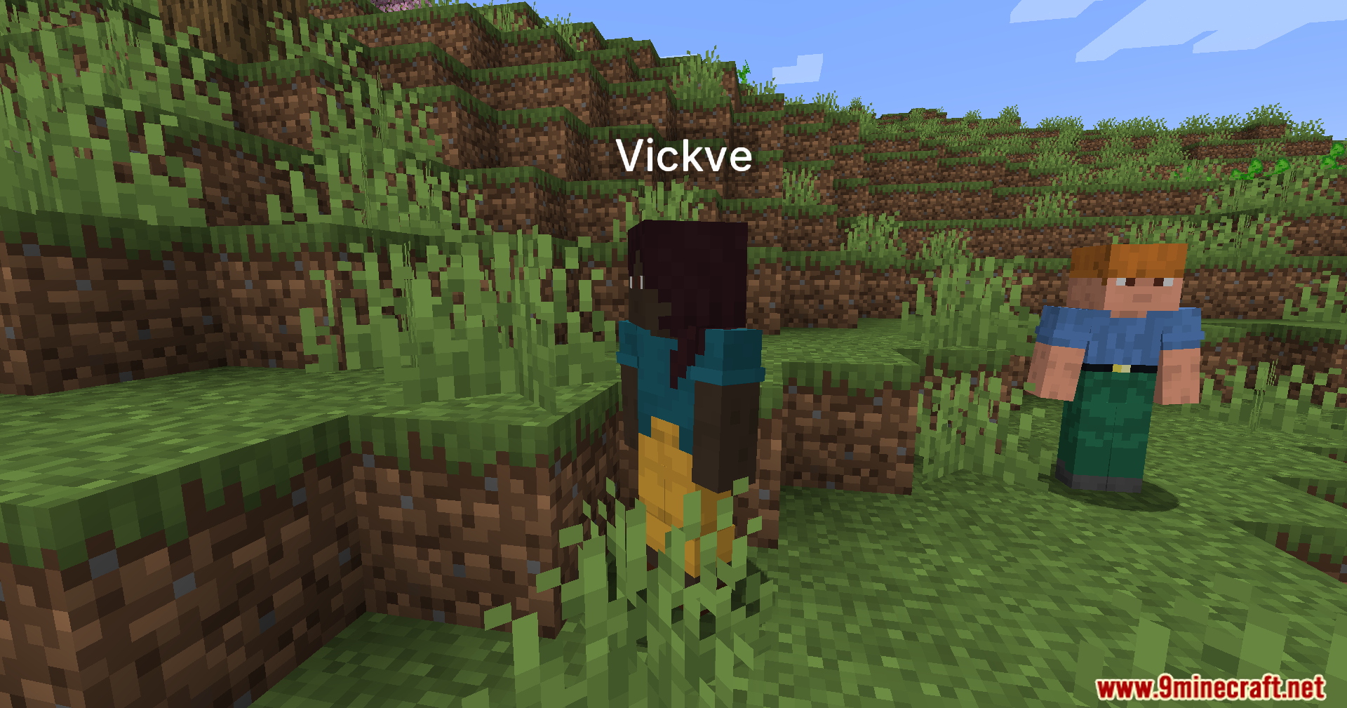 Jerotes Warehouse Mod Screenshot 11 A character named Vickve stands with another NPC on a grassy Minecraft hill