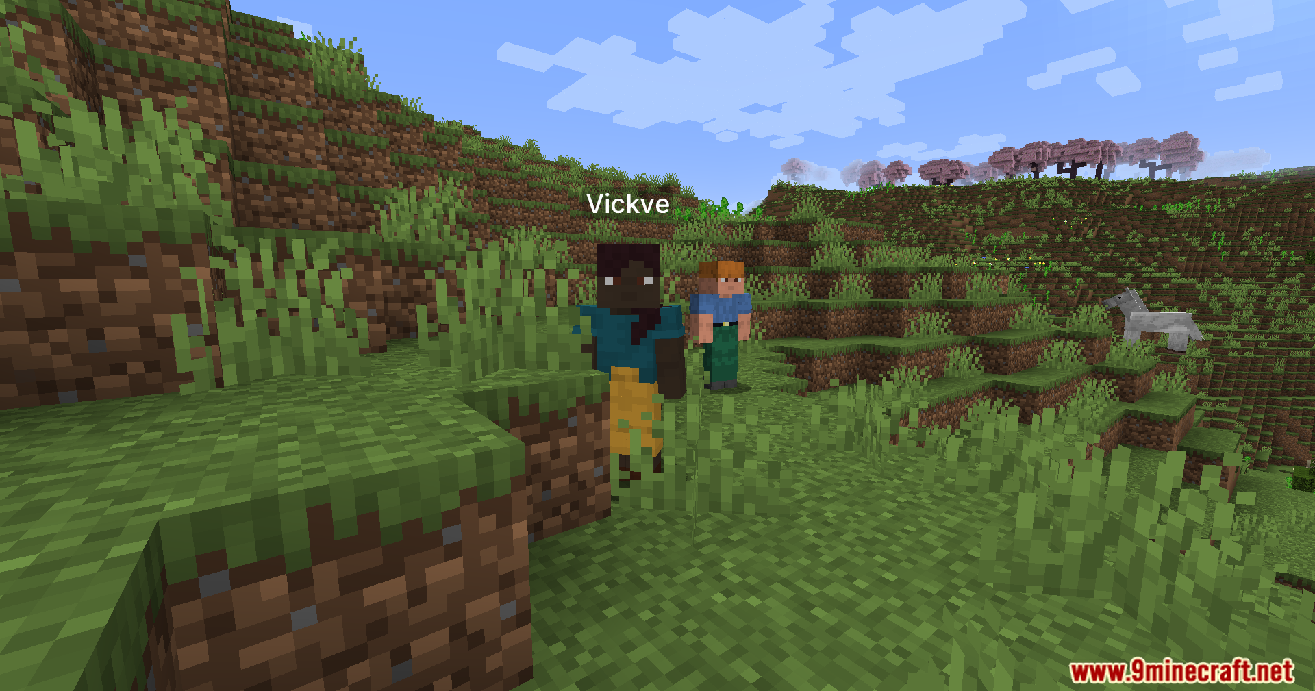 Jerotes Warehouse Mod Screenshot 12 Two characters standing on a hill overlooking a valley with pink cherry trees