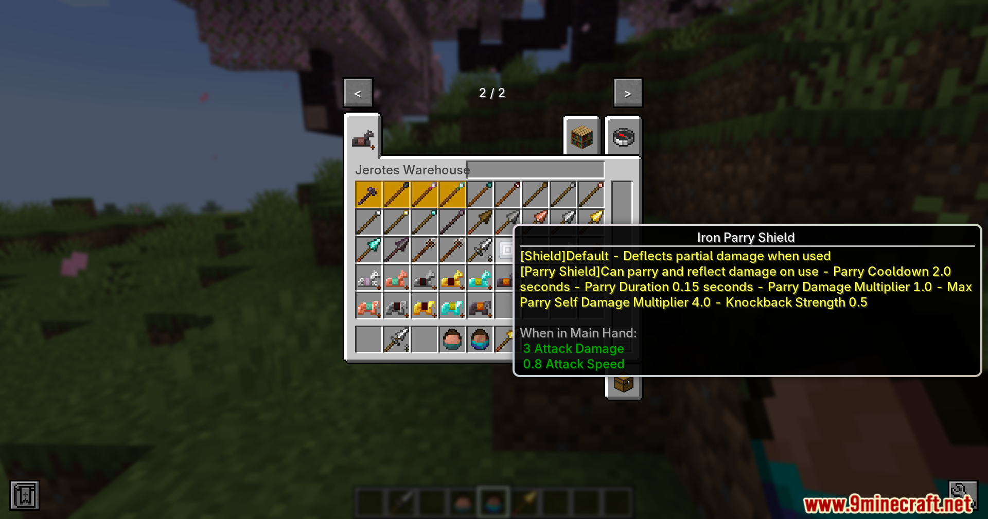 Jerotes Warehouse Mod Screenshot 15 Inventory screen showing Jerotes Warehouse items and the Iron Parry Shield stats