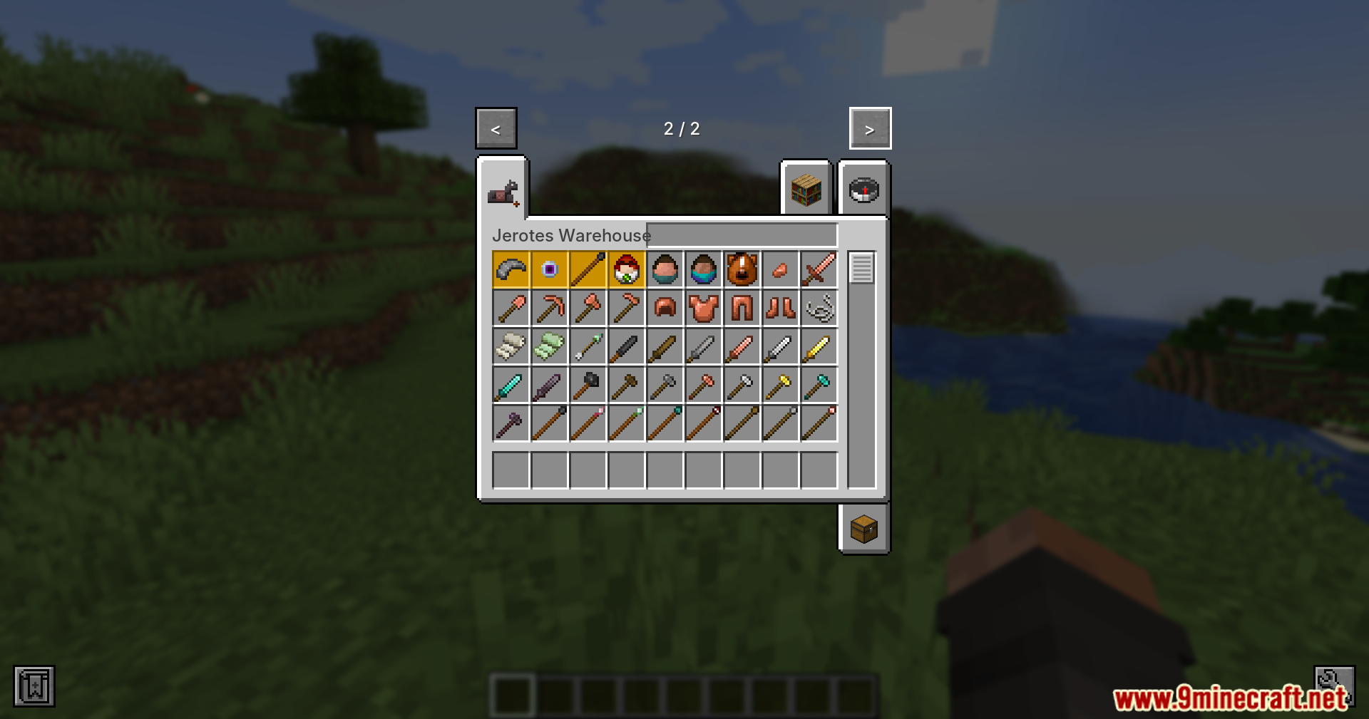 Jerotes Warehouse Mod Screenshot 2 Creative inventory tab displaying custom pikes daggers armor sets and testing tools