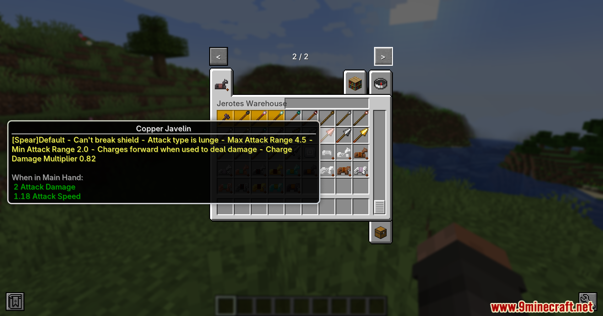 Jerotes Warehouse Mod Screenshot 3 Player viewing the combat statistics of a Copper Javelin in Minecraft inventory