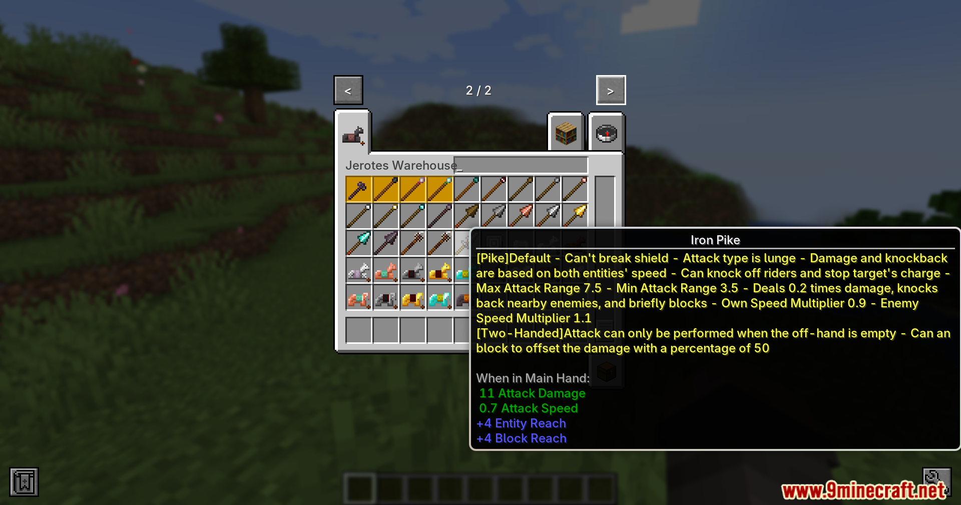 Jerotes Warehouse Mod Screenshot 4 Detailed combat statistics for an Iron Pike displayed in the Minecraft inventory