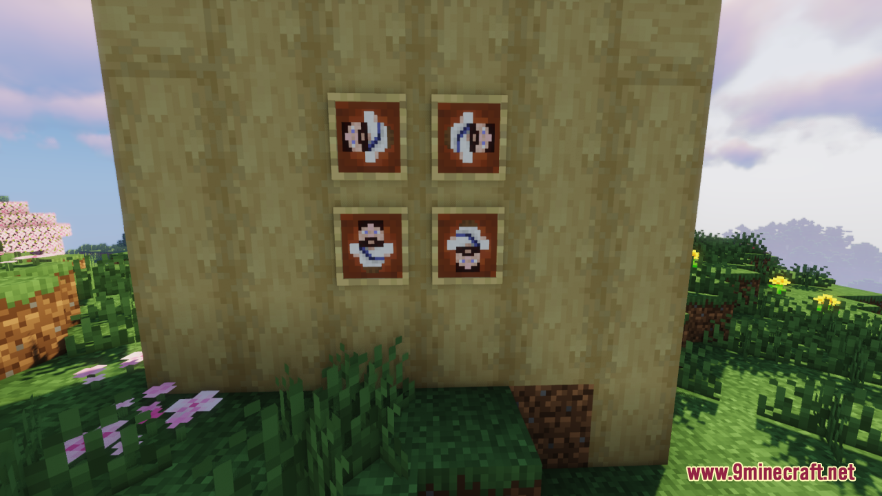 Four item frames displaying the Jesus Totem of Undying on a wooden wall