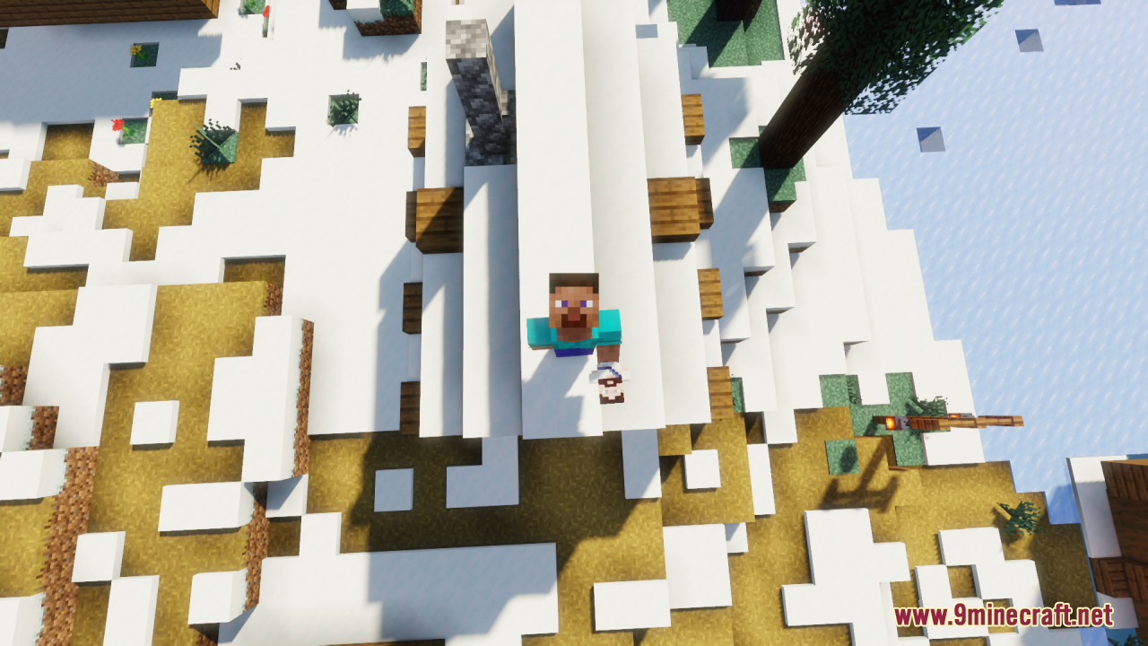 A player character holds a religious totem item in a snowy village
