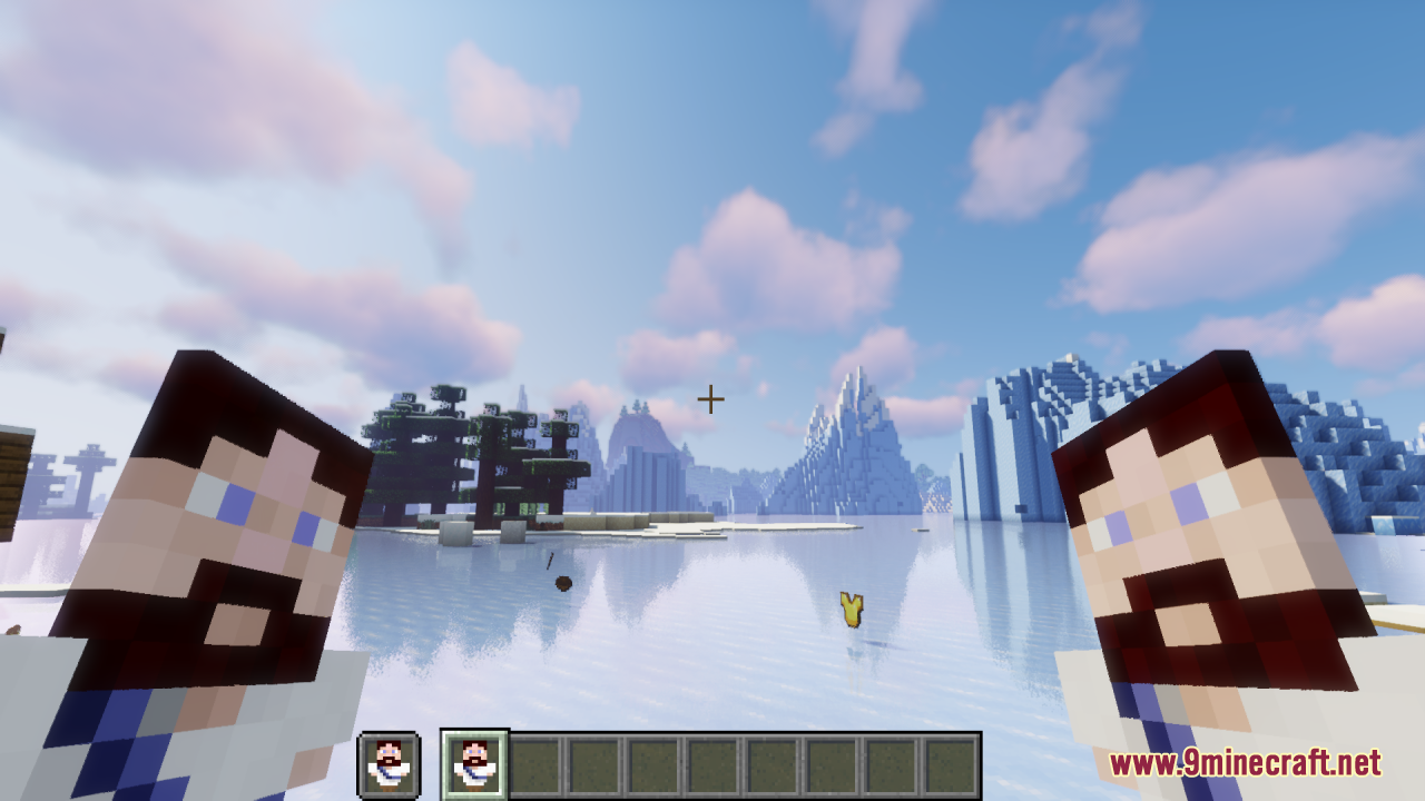 Player holding two Jesus Totems of Undying in a snowy landscape
