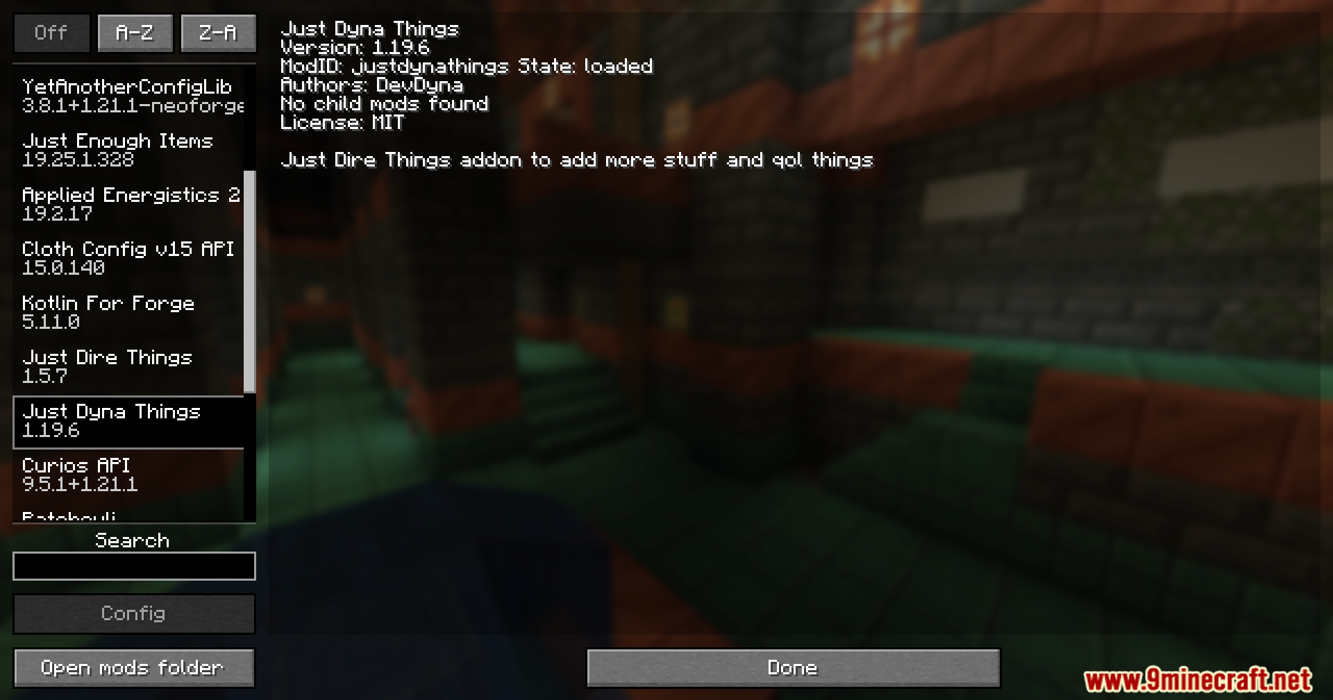 Just Dyna Things Mod Screenshot 1 Minecraft mod menu screen displaying details for the Just Dyna Things mod