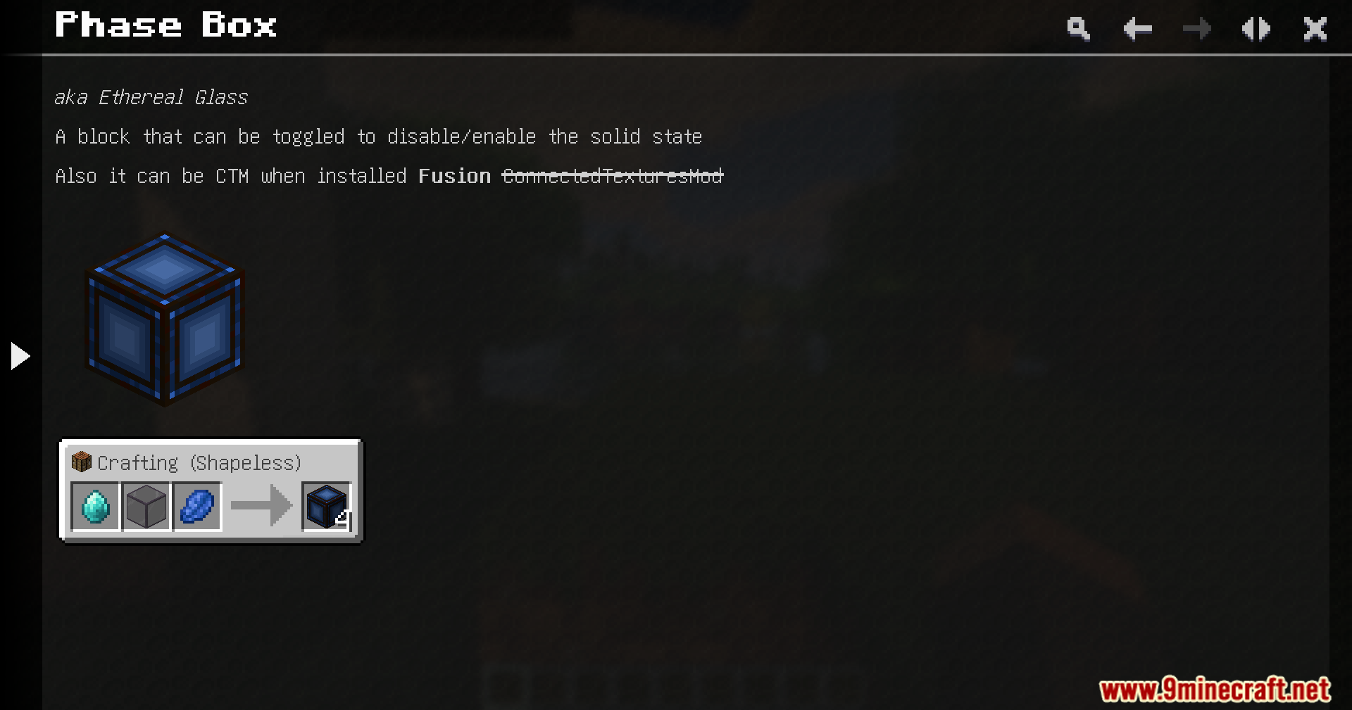 Just Dyna Things Mod Screenshot 10 Shapeless crafting recipe for Phase Box blocks using diamond glass and lapis