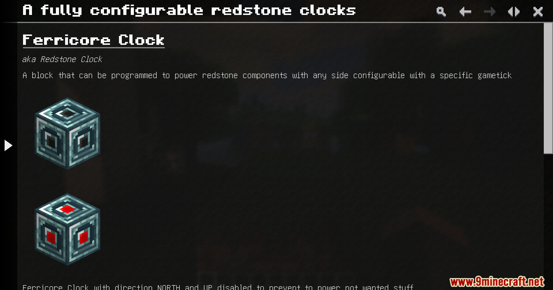 Just Dyna Things Mod Screenshot 13 Information screen for the Ferricore Clock showing its configurable redstone settings