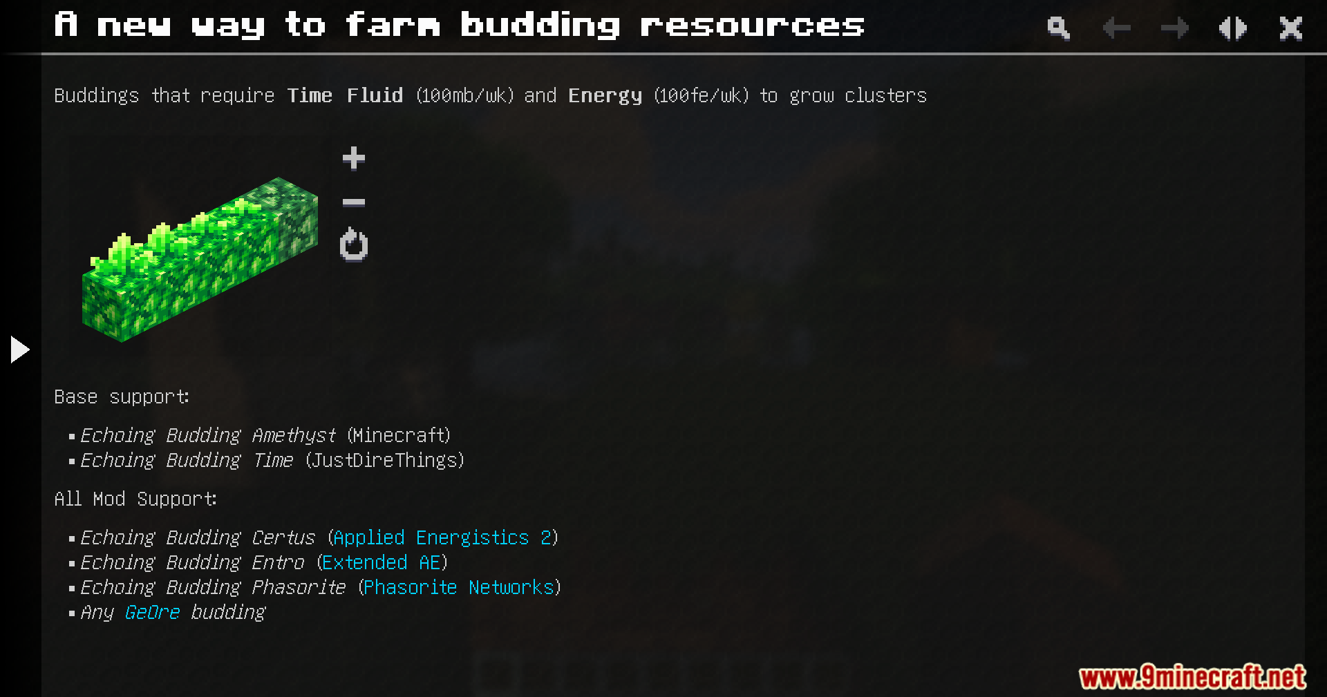 Just Dyna Things Mod Screenshot 2 Guidebook interface explaining how to farm budding resources with special blocks