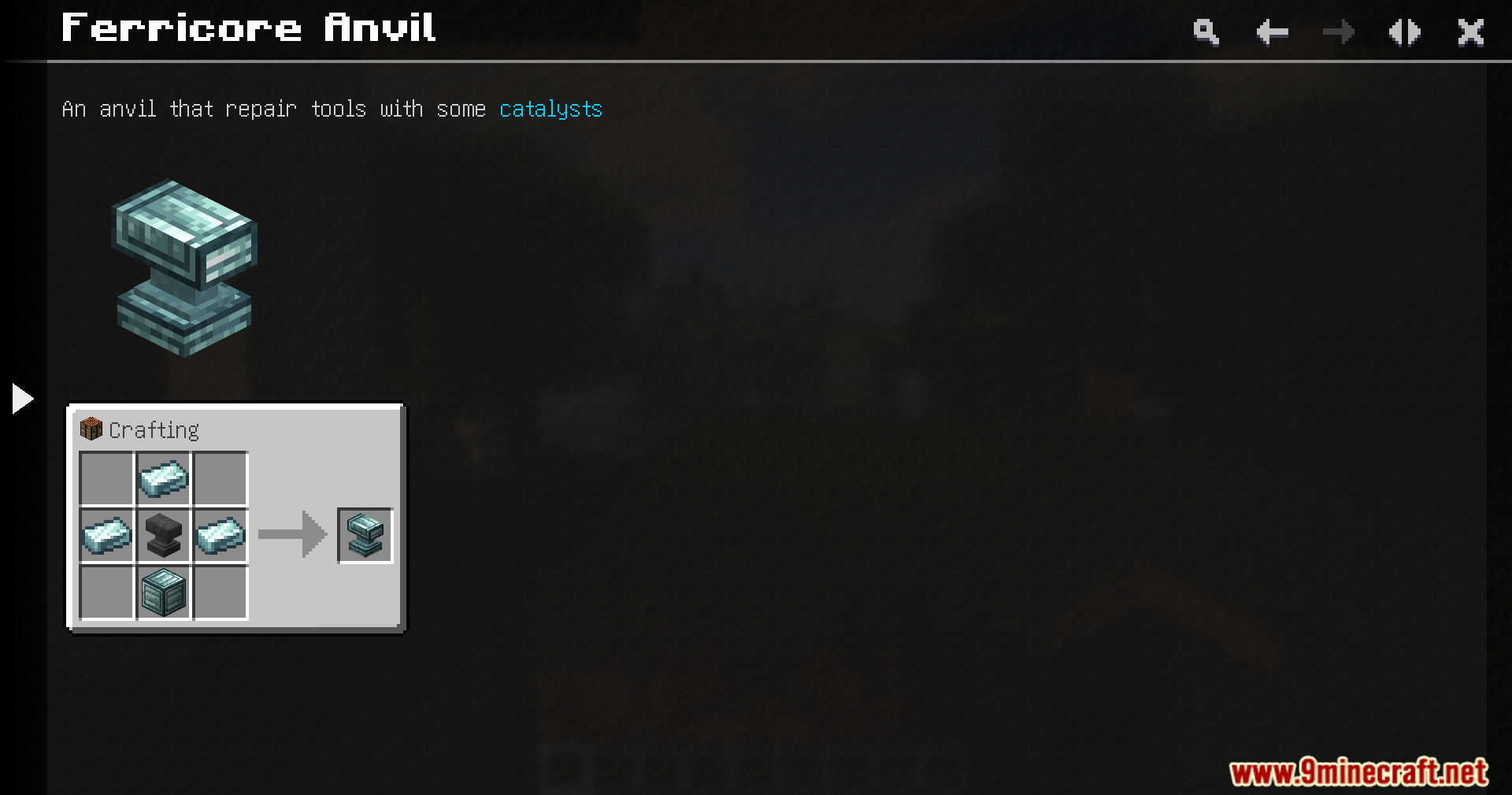 Just Dyna Things Mod Screenshot 3 Crafting recipe for a Ferricore Anvil using ingots and an iron anvil
