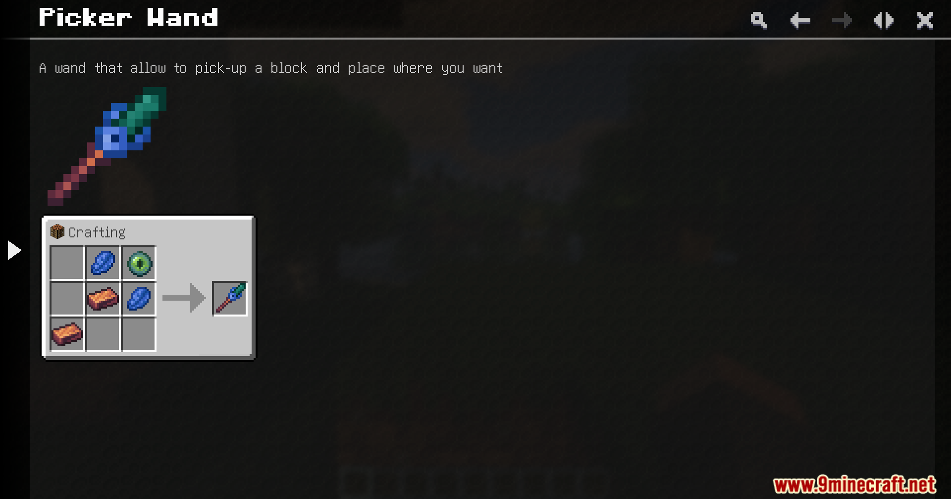 Just Dyna Things Mod Screenshot 6 Crafting recipe for the Picker Hand wand using lapis lazuli and ender eye