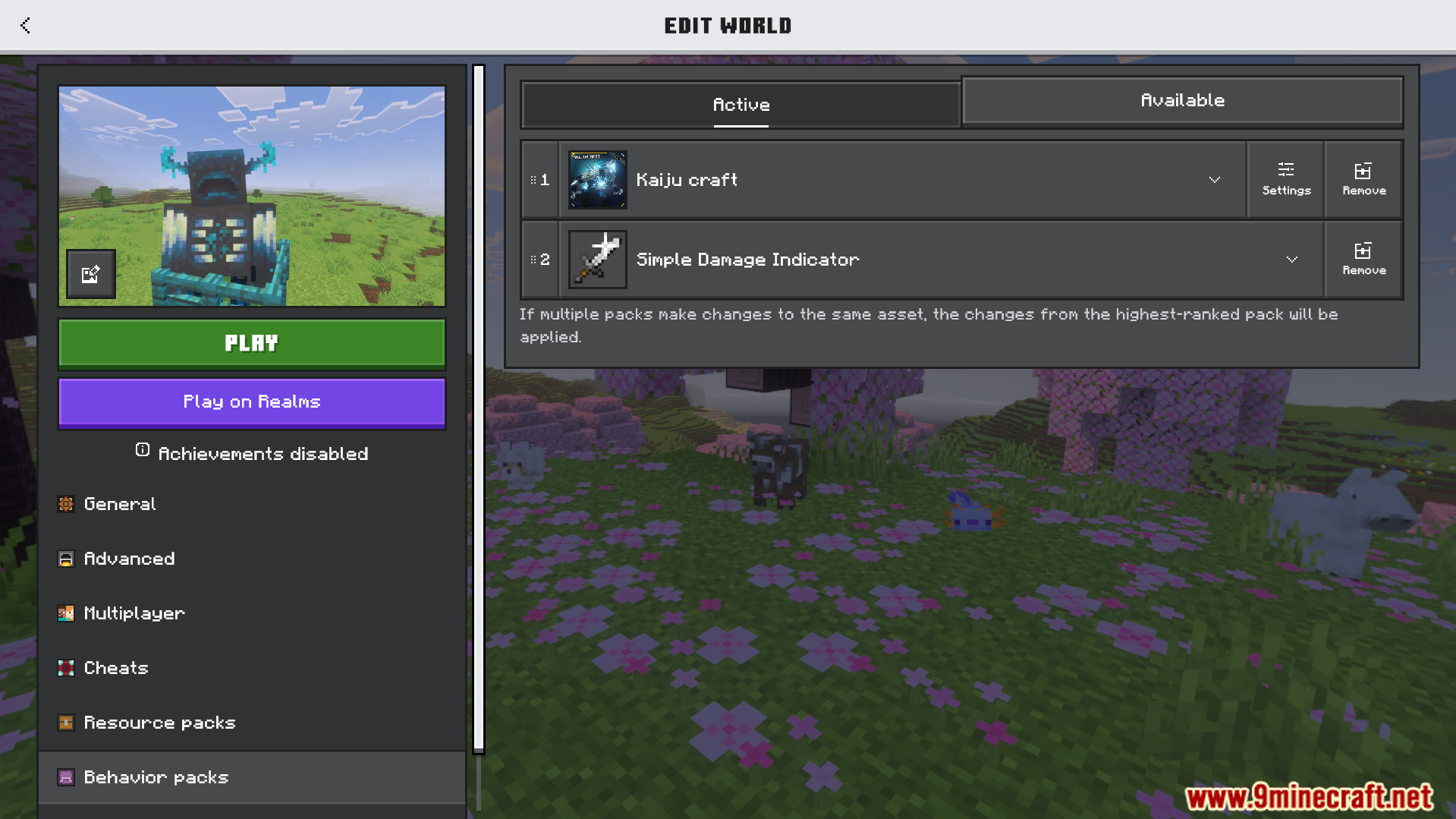 Kaiju Craft Revamp Addon Screenshot 1 Minecraft world settings menu showing active behavior packs for the Kaiju Craft addon