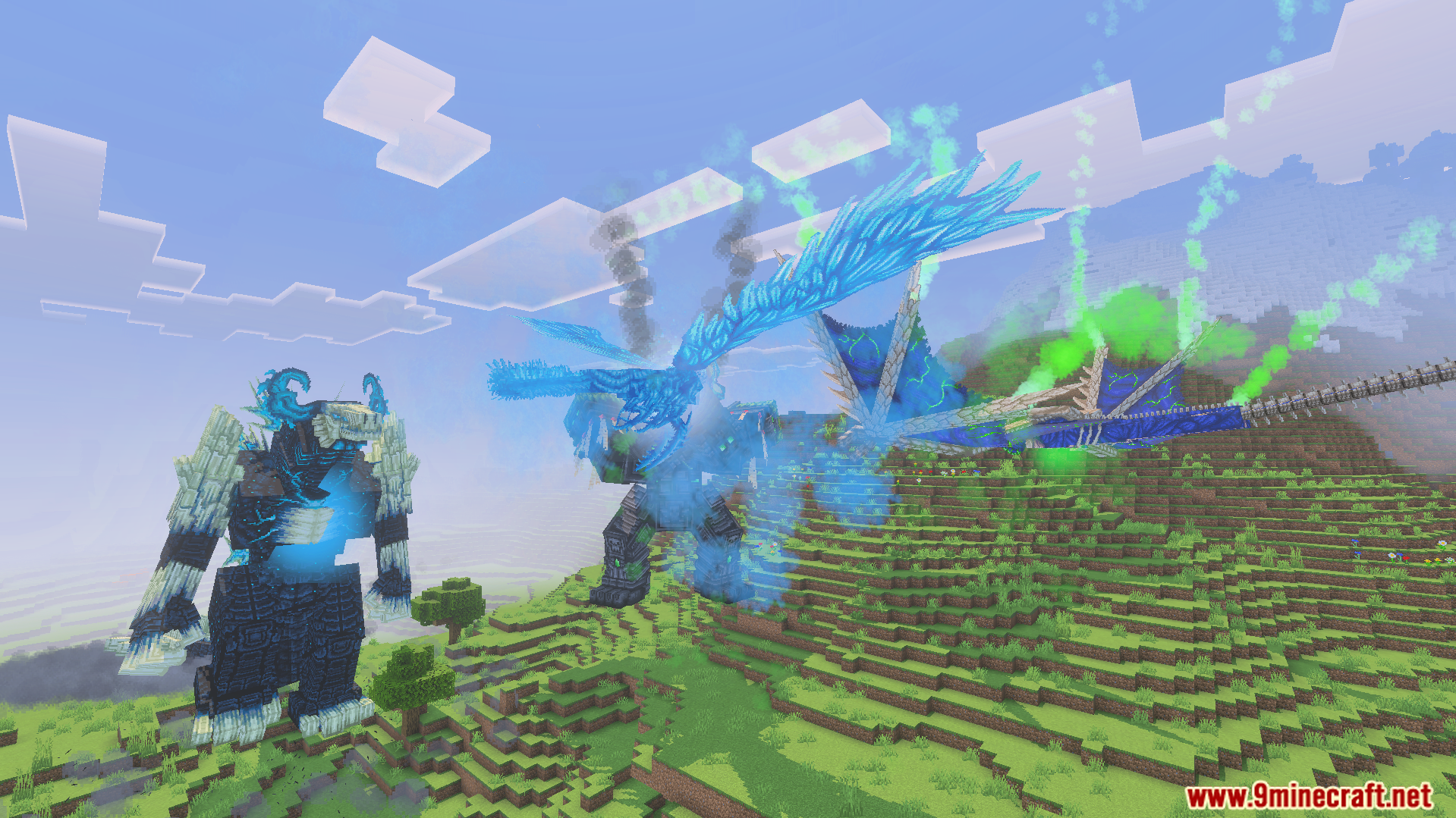Kaiju Craft Revamp Addon Screenshot 10 Kaiju Craft Revamp Addon showcases Wardenzilla and other massive creatures on a hill
