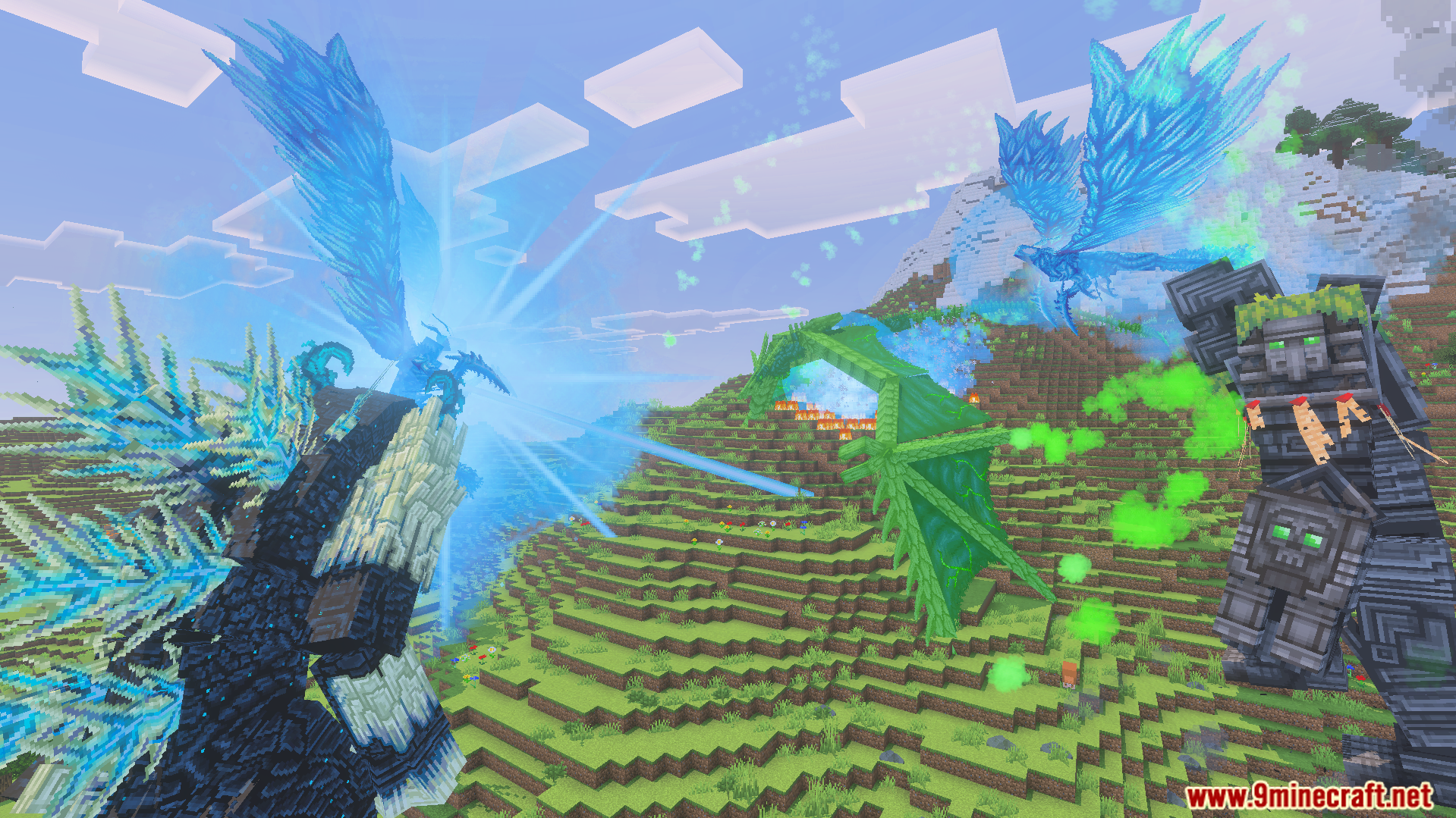Kaiju Craft Revamp Addon Screenshot 11 Massive bosses like Wardenzilla and Golem Kong battle in a hilly Minecraft landscape