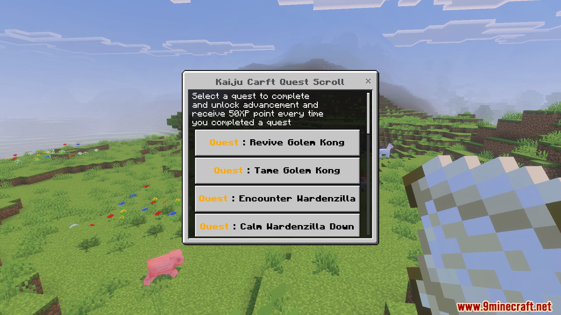 Kaiju Craft Revamp Addon Screenshot 2 A quest scroll menu showing tasks for Golem Kong and Wardenzilla in Minecraft