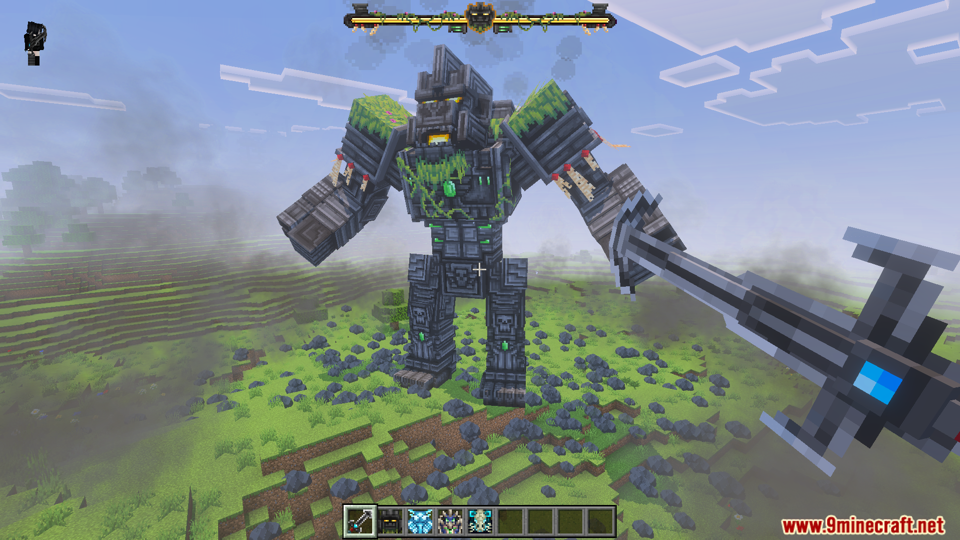 Kaiju Craft Revamp Addon Screenshot 4 Giant stone golem boss standing in a field with a boss bar
