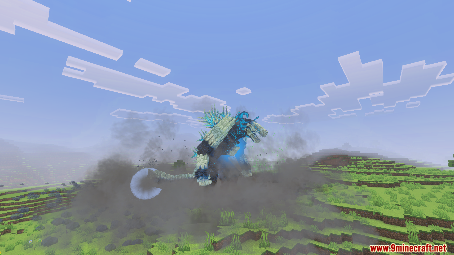 Kaiju Craft Revamp Addon Screenshot 6 Massive Wardenzilla boss monster standing in a field with blue energy