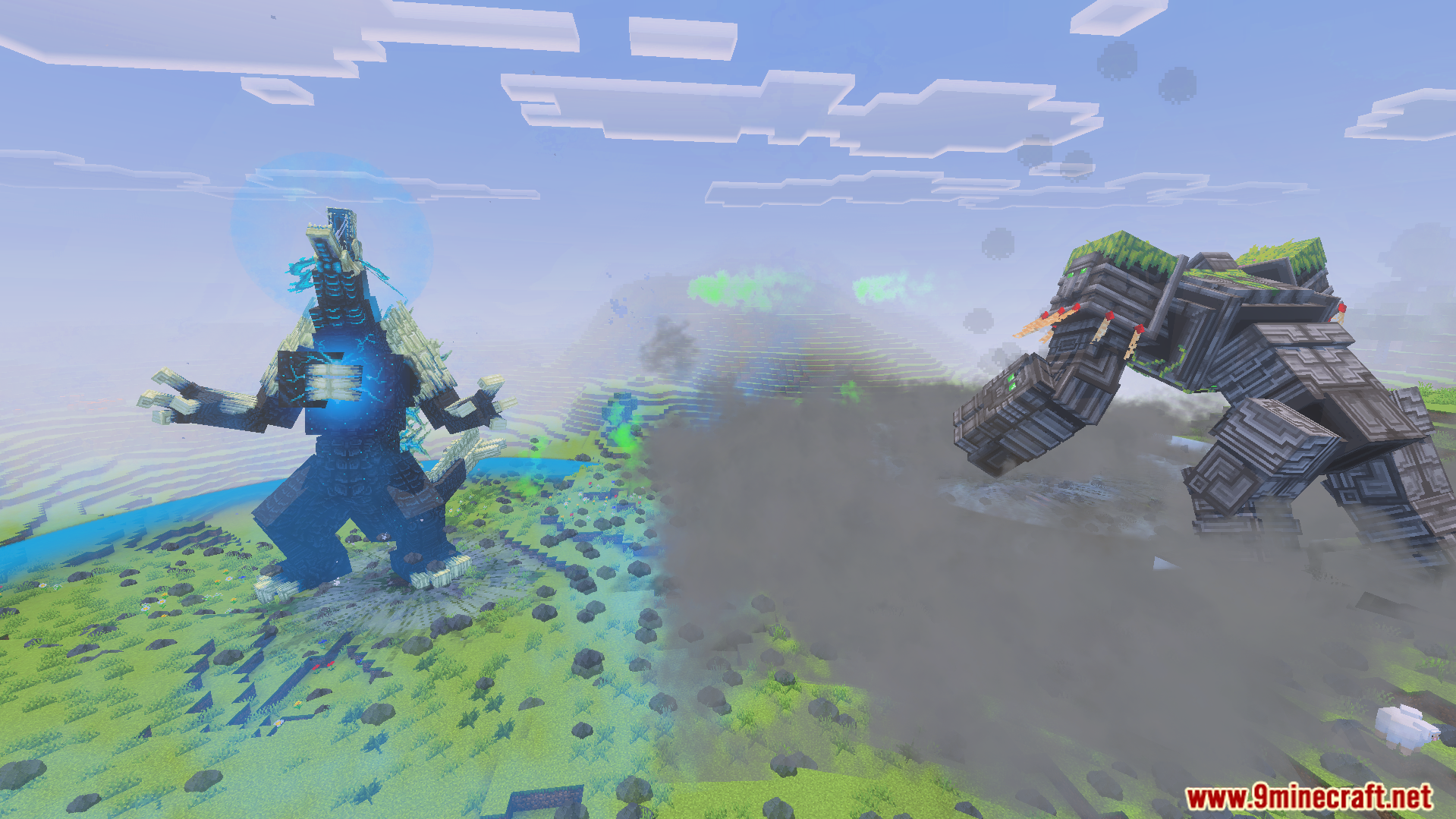 Kaiju Craft Revamp Addon Screenshot 7 Wardenzilla and Golem Kong facing each other in a grassy Minecraft landscape