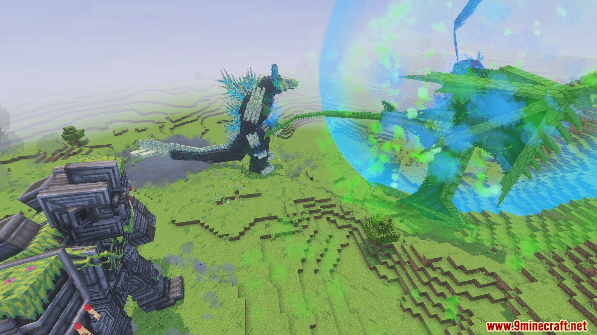 Kaiju Craft Revamp Addon Screenshot 8 Wardenzilla attacking a green winged monster protected by a blue energy sphere