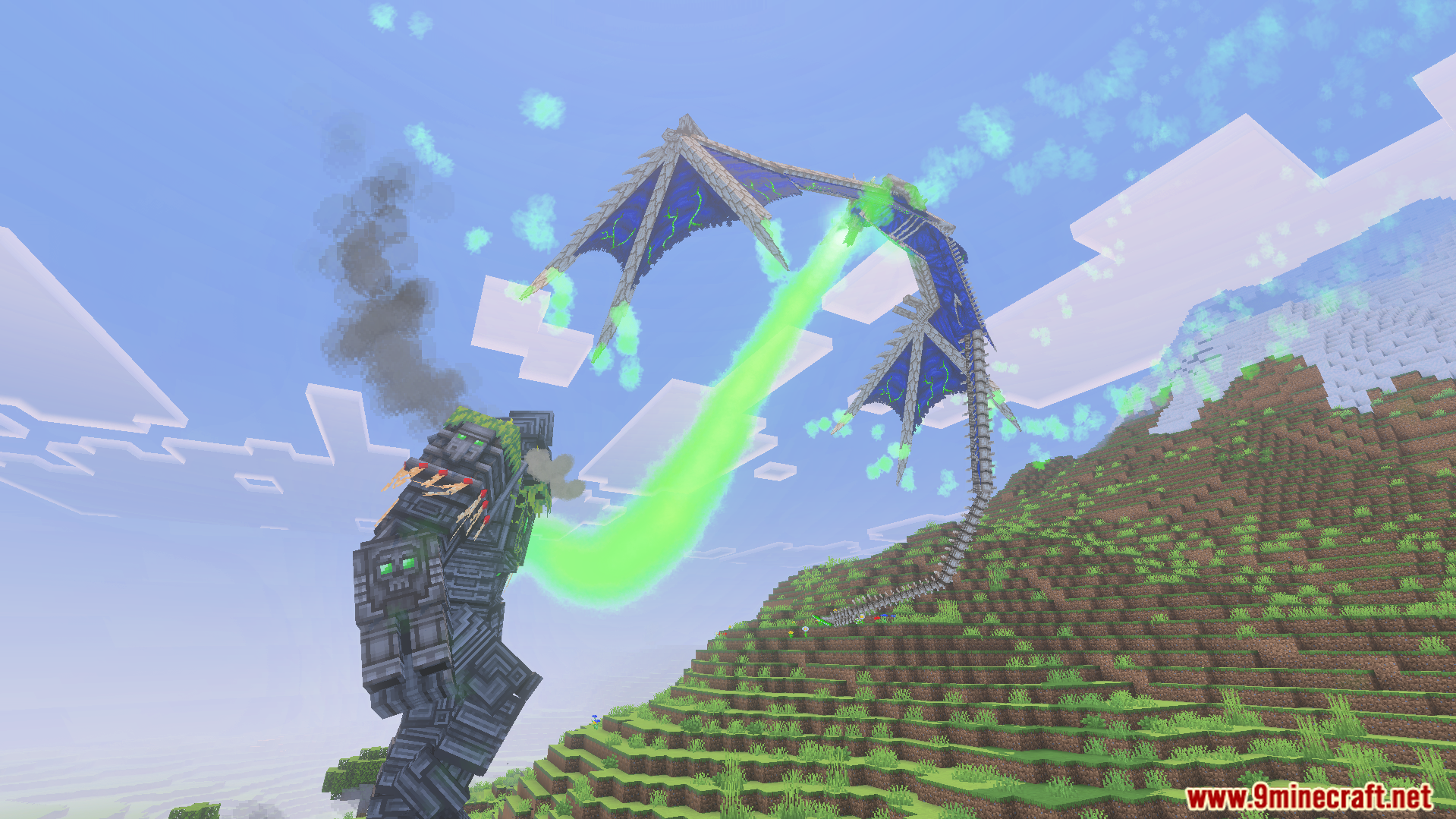 Kaiju Craft Revamp Addon Screenshot 9 Giant stone monster being blasted by a green energy beam from the sky