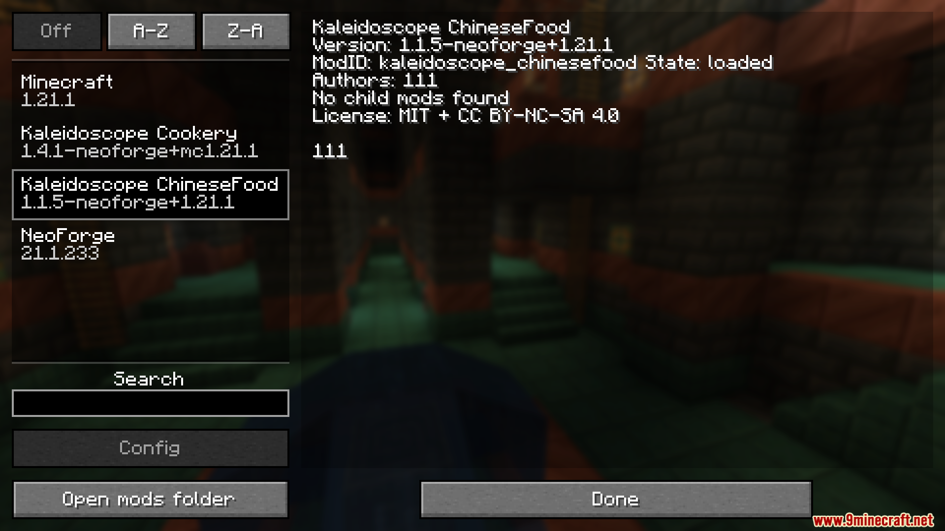 Kaleidoscope Chinese Food Mod Screenshot 1 A Minecraft mod list screen showing details for Kaleidoscope Chinese Food