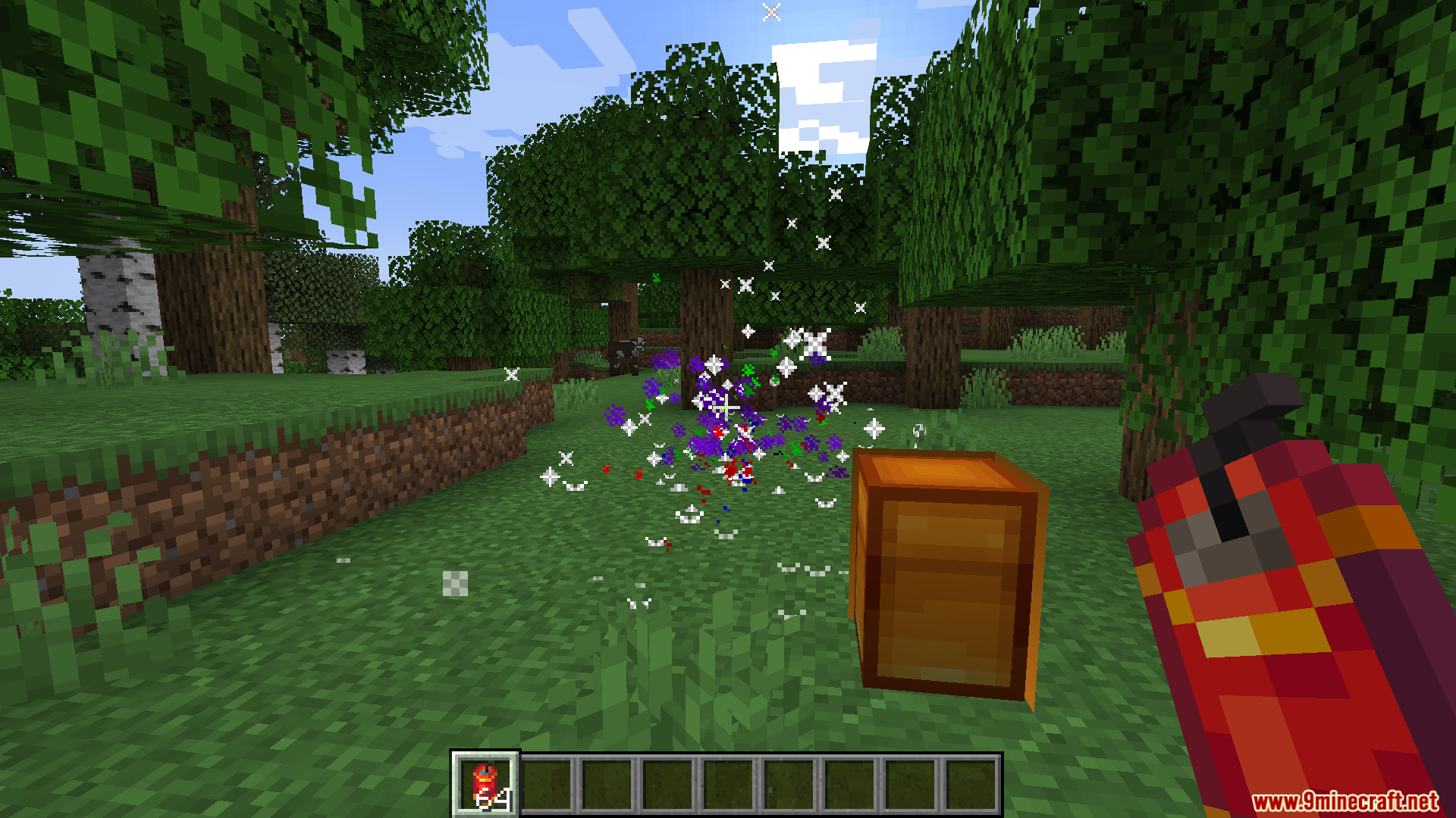 Kaleidoscope Chinese Food Mod Screenshot 4 A player holding a red tool near a block with colorful particles