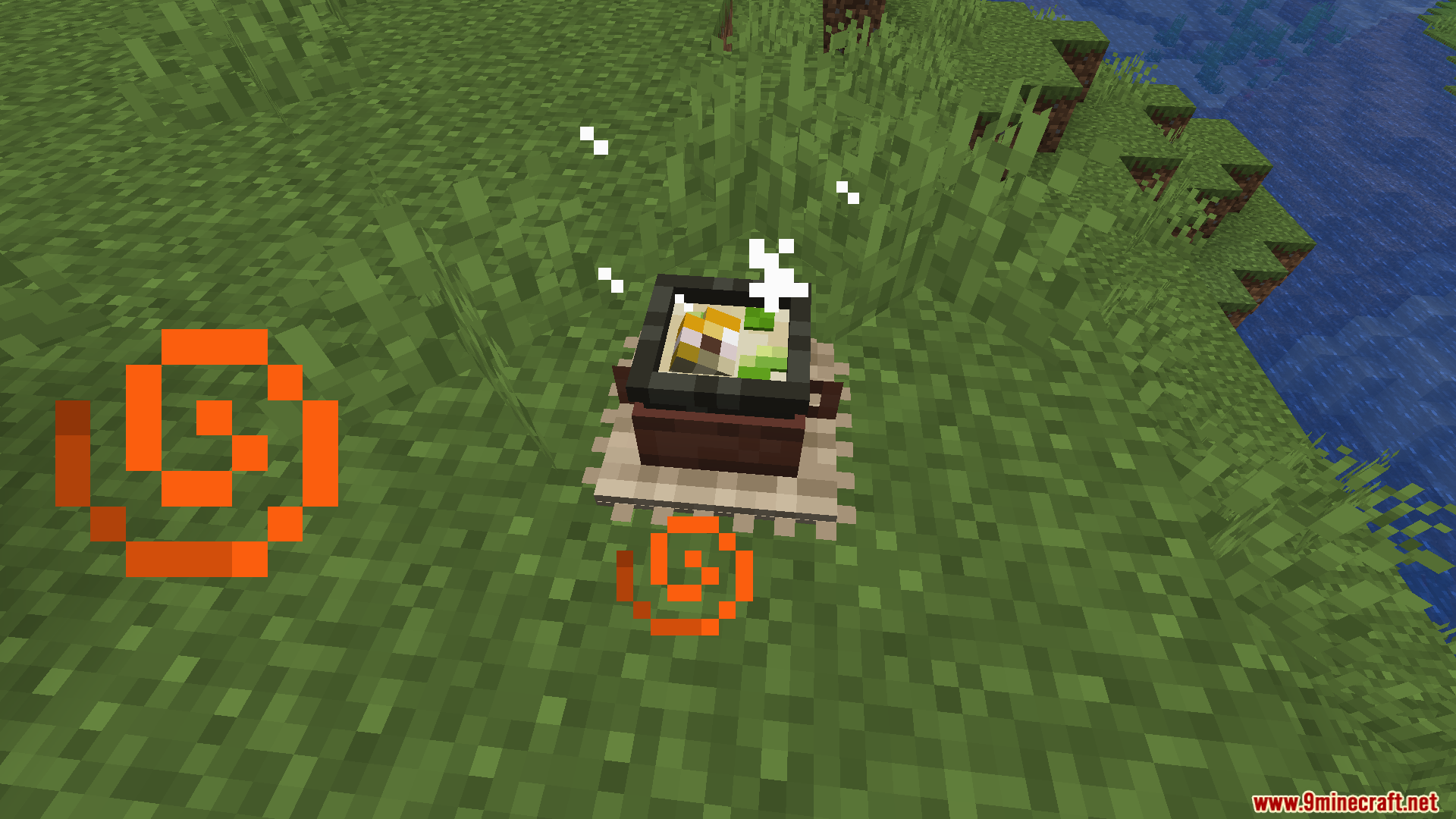 Kaleidoscope Chinese Food Mod Screenshot 6 Cooking food in a pot over a campfire with orange spiral status effects