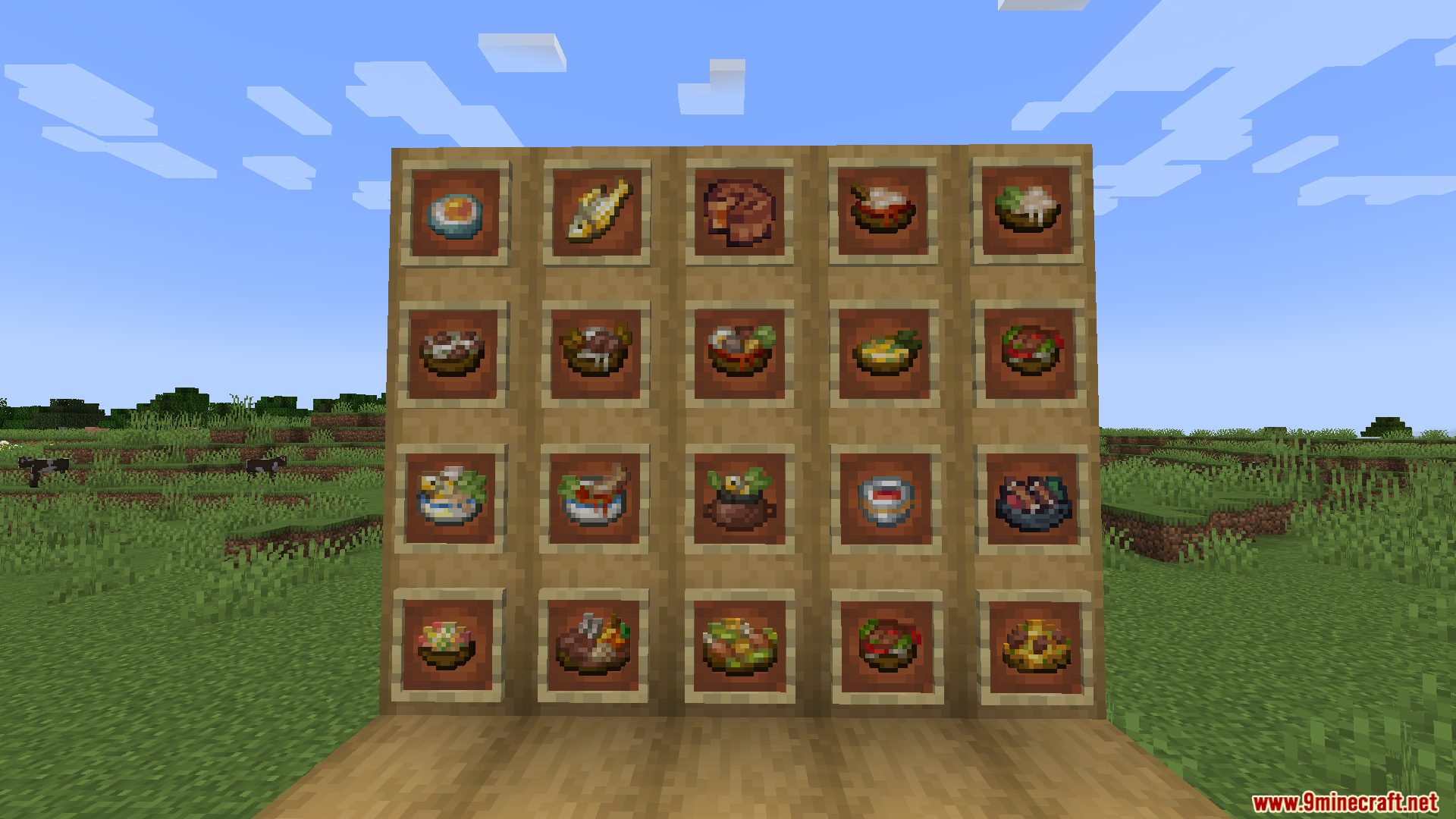 Kaleidoscope Chinese Food Mod Screenshot 7 A wall of item frames displaying various dishes from Kaleidoscope Chinese Food Mod