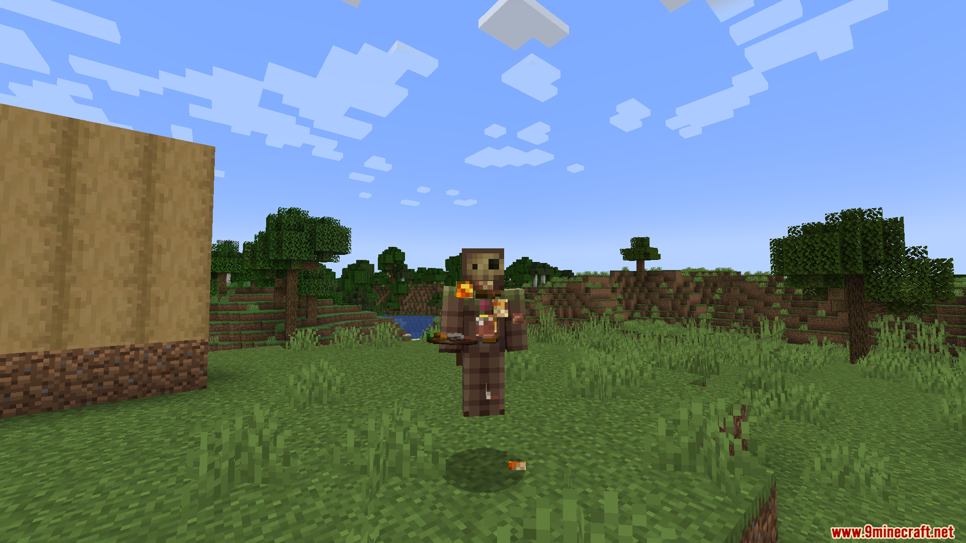 Kaleidoscope Chinese Food Mod Screenshot 8 A Minecraft player holding a plate of food in a grassy field