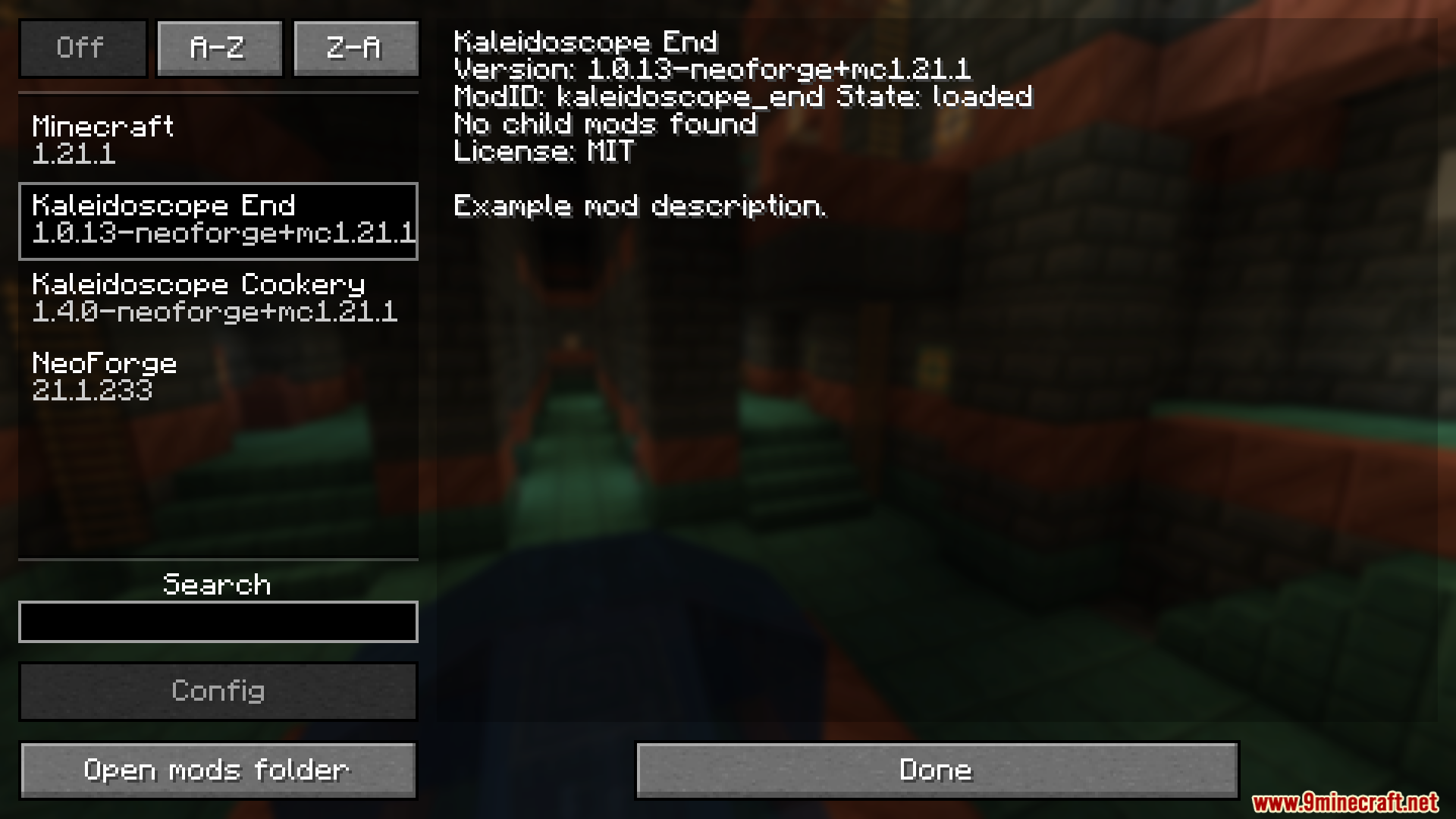 Kaleidoscope End Mod Screenshot 1 Minecraft mod menu showing installed Kaleidoscope End and Cookery mod versions