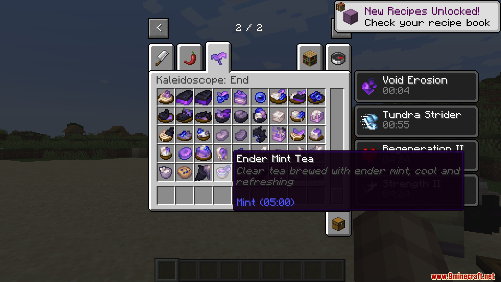 Kaleidoscope End Mod Screenshot 14 Minecraft inventory showing Ender Mint Tea item and various modded food