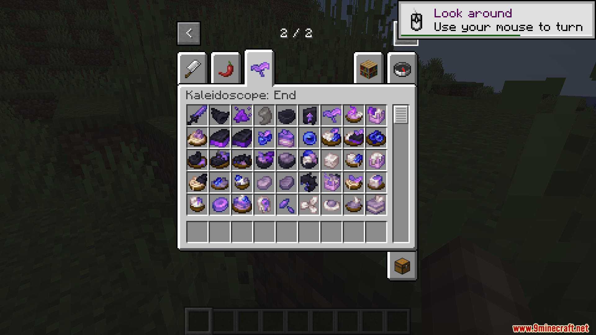 Kaleidoscope End Mod Screenshot 2 Creative inventory tab displaying various purple food items and ender ingredients